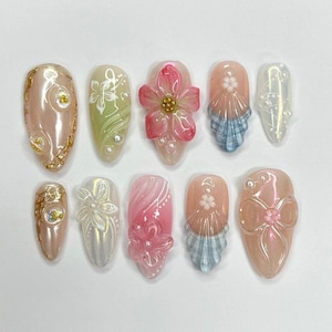 Summer Nails with 3D Flowers and Pearls, Medium Fake Press On Nails in Pastel Pink, Green & Blue for Beach Holiday or Summer Gifts