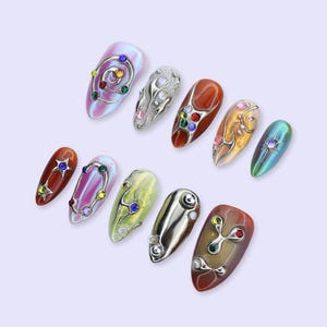 Y2K Press On Nails with Chrome Design And Colorful Gem | Medium Almond Fake Nails | Handmade Nails Art for Festival, Party, Streetwear Looks