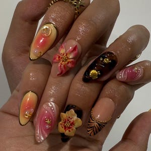 Summer Press on Nails with Sun & Gold Detail | 3D Floral Fake Nails in Medium Almond | Handmade Ocean Nail Art for Holiday, Vacation, Party