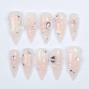 Press On Nails Lustreva Crystals & Pearls | Blush Pink Fake Nails Medium Stiletto | Handmade Luxury Nail Art for Wedding, Party, Event