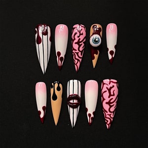 Scary Bloody Eye Halloween Press On Nails, Halloween Nails, Glue On Nails, Fake Nails, Custom Nails, Blood Nails
