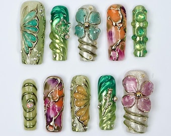 Botanica Long Square Press-On Nails – Vibrant Green & Floral 3D Nail Set, Handmade Nails for Fairy-Tale Looks and Weddings Or Gift For Her