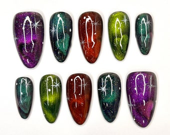 Galaxy With Heart for Valentine Day in Almond Press On Nails, Cute Valentine Fake/False Nails, Holiday Birthday Event Nails Art