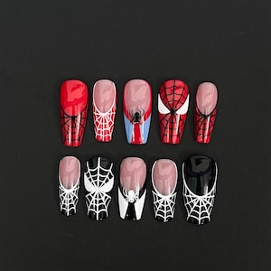 Black & Red Spider Web Long Coffin Halloween Press on Nails, Custom Fake Scary Night Nails, False Nails, DIY Nails