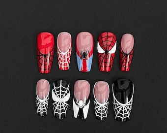 Black & Red Spider Web Long Coffin Halloween Press on Nails, Custom Fake Scary Night Nails, False Nails, DIY Nails