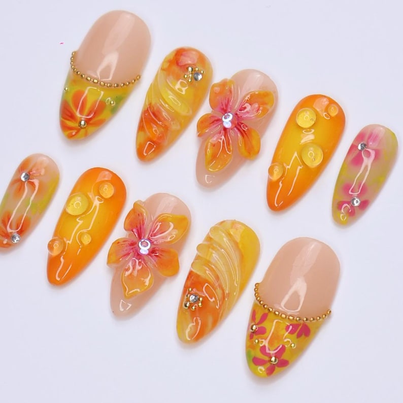 Summer Press On Nails Citrus Bloom with Tropical Florals | 3D Fake Nail in Medium Almond | Handmade Nail Art for Holiday, Vacation, Birthday
