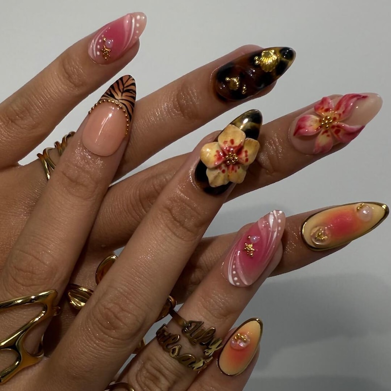 Summer Press on Nails with Sun & Gold Detail | 3D Floral Fake Nails in Medium Almond | Handmade Ocean Nail Art for Holiday, Vacation, Party