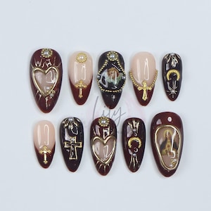 Gothic Press-On Nails - Deep Red and Black with Gold Crosses, Pearls & Sacred Art, Medium Almond, Perfect Gift or Special Occasion Nails