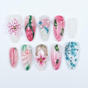 Press On Nails Blossivine Floral & Vine Art | 3D Flower Fake Nails Medium Almond | Handmade Pastel Nail Art for Party, Wedding, Vacation