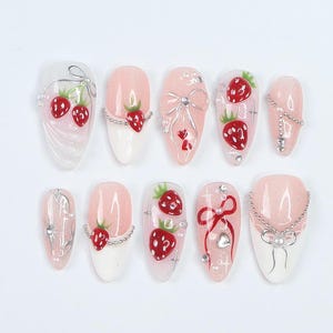 Love at First Berry Almond Press-On Nails with Strawberries, Pearls & Bows – Handmade Statement Nails for a Sweet and Elegant Look or Gift