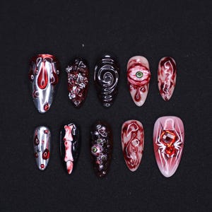 Unique 3D Design with Horror Blood Eyeball Almond Halloween Press On Nails, Scary Fake Nails Art for Spooky Season