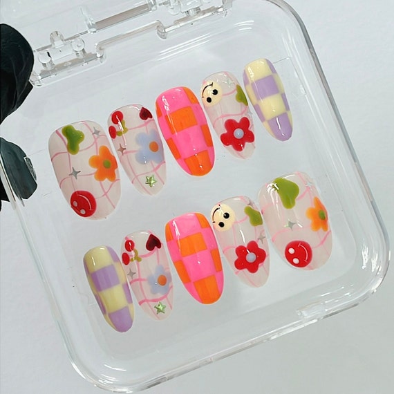 Colorful Checkered and Flower, Funface On Almond Press On Nail, Custom Handpainted Fake/False Nail, Floral Nails, Spring Nails