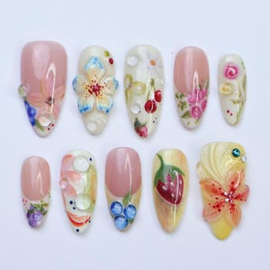 Press On Nails Summer Garden with Floral & Fruit Art | 3D Fake Nails in Medium Almond | Handmade Nail Art for Holiday, Vacation, Birthday