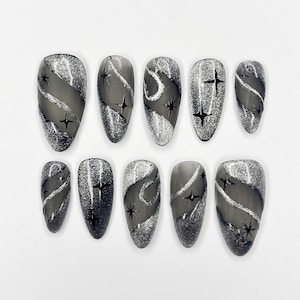 Black Stars Press On Nails, Black Coffin Nails, Custom Fake Nails, Handpainted False Nails, Trendy Glue on Nails, Luxury Nail Art