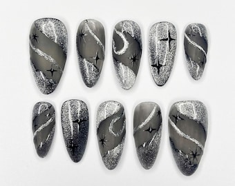 Black Stars Press On Nails, Black Coffin Nails, Custom Fake Nails, Handpainted False Nails, Trendy Glue on Nails, Luxury Nail Art