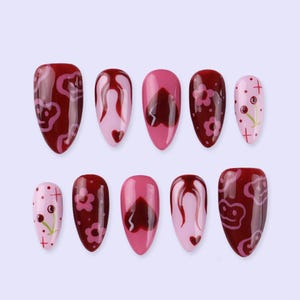 Flaming, Cherry and Heart in Red & Pink Almond Press On Nails, Valentine Nail Cute, Fake Nails, False Nails, Glue on Nails, Gel Nail Art