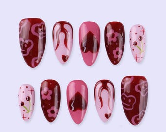 Flaming, Cherry and Heart in Red & Pink Almond Press On Nails, Valentine Nail Cute, Fake Nails, False Nails, Glue on Nails, Gel Nail Art