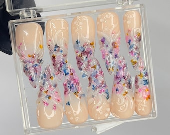 Fairy Dream Flower Garden Long Almond Press On Nails, 3D Gel Fairycore Fake Nails, Dreamy Nails for Birthday Vacation Holiday