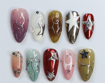 3D Freestyle Almond Goth Press On Nails, Handpainted Luxury Acrylic Gothic Fake Nails, Emo Y2K Style