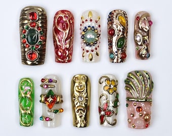 Regalia Press-On Nails – Royal-Inspired Red, Green & Gold Jewel Nail Set, Handmade Long Square Nails for Opulent Looks, Events and Gifts