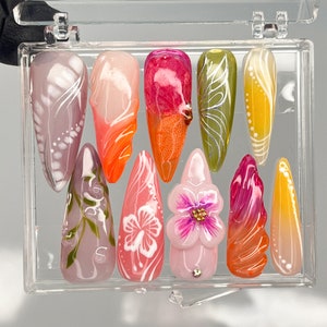 Fairy Tale Flower Long Almond Press On Nails, 3D Fairycore Nails, Dreamy Nails
