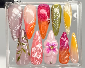 LNA0126 - Fairy Tale Flower Long Almond Press On Nails, 3D Fairycore Nails, Dreamy Nails