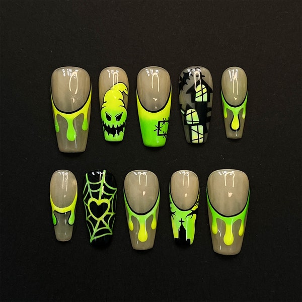 LNA0071 - Scary Night City Halloween Press on Nails, Custom Fake Horror Night Nails, Glue on Nails, False Nails, DIY Nails