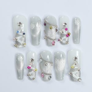 Elegant White Long Coffin Press-On Nails with Silver Chrome, Glitter & Gems - Perfect for Christmas Day or Gift for Her
