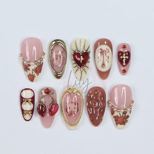 Valentine Press On Nails with 3D Heart and Strawberry Accents, Medium Almond Pink Nail in Sweet Gothic Style for a Romantic Aesthetic Look