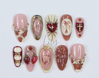 Valentine Press On Nails with 3D Heart and Strawberry Accents, Medium Almond Pink Nail in Sweet Gothic Style for a Romantic Aesthetic Look