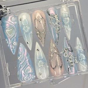 LNA0038 Free Style Mermaid 3D Gel Blue Almond Press on Nails ...