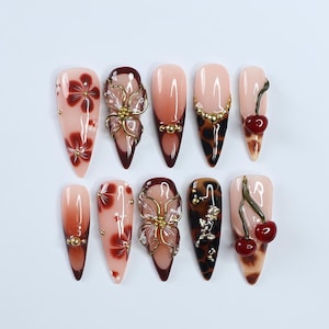 Fall Press On Nails with 3D Floral and Cherry Accents, Long Almond Tortoise Shell Nails in Neutral and Brown Tones for Autumn Look