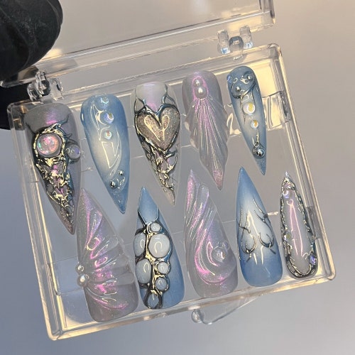 Free Style Blue Mermaid Almond Press On Nails, Handpainted Fake/False Nails, Prom/Event/Birthday Nails, Goth/Gothic/Y2K/Aura Nai