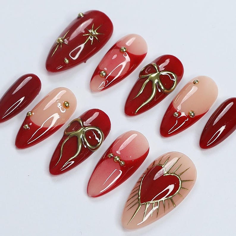 Elegant Dark Red Press-On Nails, Adorned with Bows, Hearts & Gold Gems - Perfect for Holiday Glam or a Thoughtful Gift for Her
