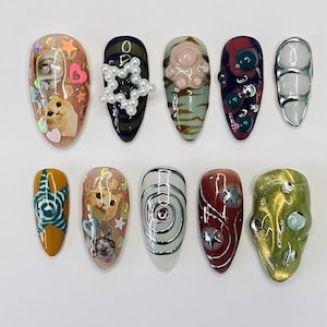 Cat Lover Chrome Almond Press On Nail - Luxurious Metallic Silver Nail Art, 3D Handpainted Gel Nails Design