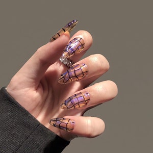 3D Curve Purple Short Almond Press On Nails, Custom Handpainted Acrylic Fake Nails, False Nails, Holiday Nail