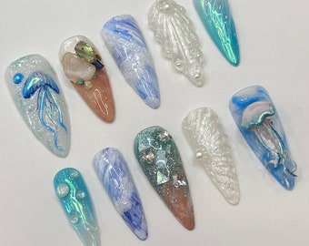 Ocean Love Inspired Press On Nails, Elegant Fake Nails, 3D Nails Art for Holiday ,Birthday, Party Nails, Nature Lover Nails