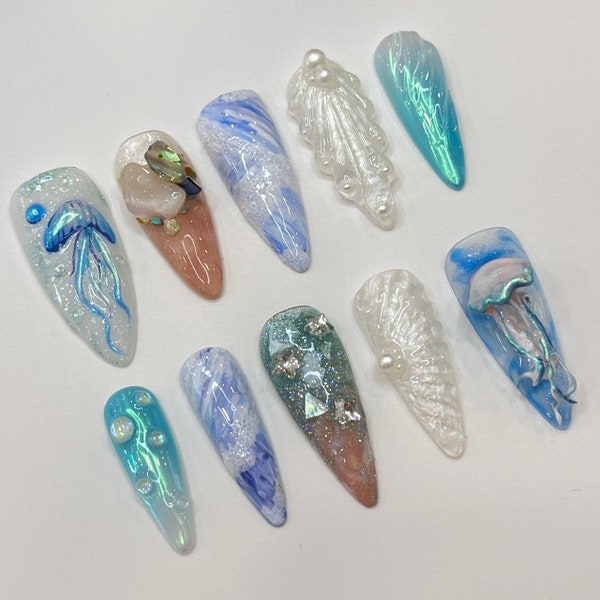 Ocean Love Inspired Press On Nails, Faux ongles élégants, Nails Art 3D pour les vacances, anniversaire, ongles de fête, ongles amoureux de la nature