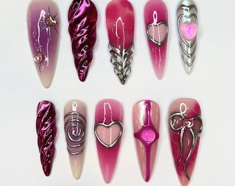 Freestyle 3D Pink & Purple Chrome Long Almond  Press On Nails, Cute Valentine Fake Nails, Holiday Birthday Event Nails Art