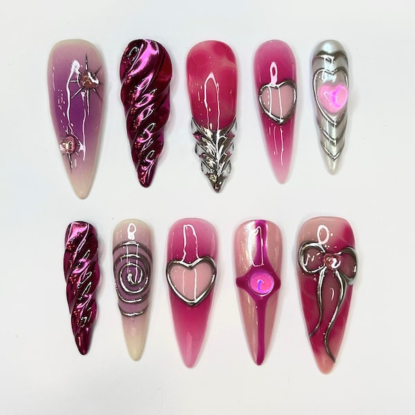 Freestyle 3D Pink & Purple Chrome Long Almond  Press On Nails, Cute Valentine Fake Nails, Holiday Birthday Event Nails Art