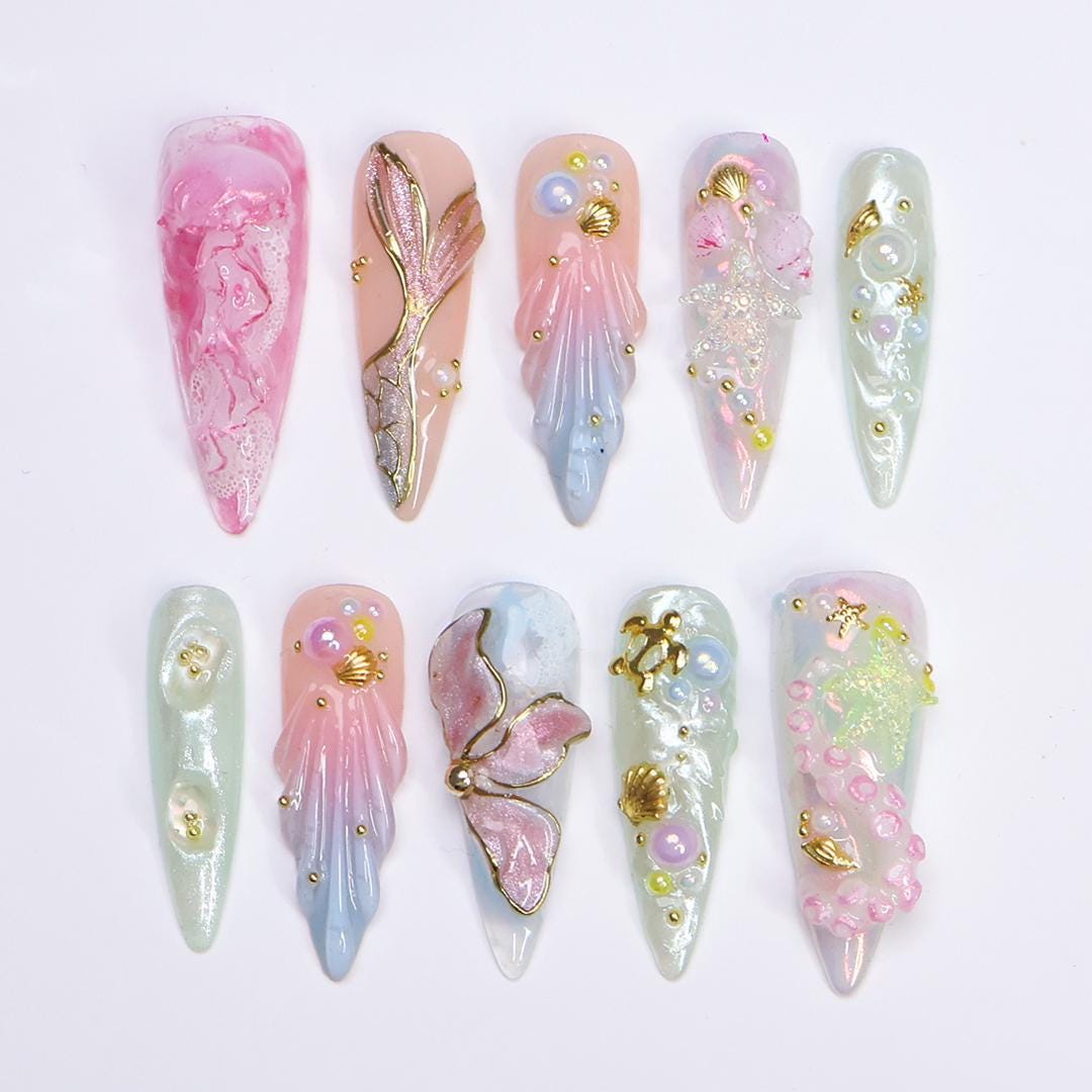 Unhas postiças de verão com sereia e água-viva, inspiração 3D para oceano, unhas postiças em amêndoa longa, unhas de praia feitas à mão para férias, feriados e aniversários