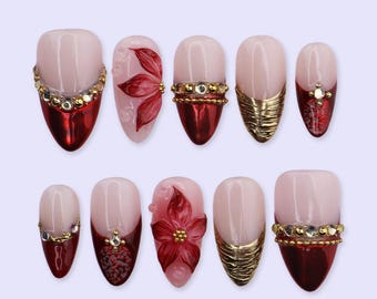 Uñas postizas rojas cromadas con flor 3D, detalles dorados y de diamantes de imitación / Uñas postizas medianas almendradas / Diseño de uñas hecho a mano para graduación y boda