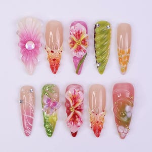 Serect Garden Long Almond Press On Nail, Trending 3d Flower Design Nail Art,Fake/Flase Nail for Birthday Holiday Vacation Nail