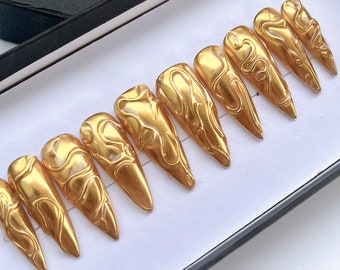 3D Gold Metallic Long Stiletto Press On Nails Goth , Custom Long Coffin Nails , Luxury Nail Art, Handmade Nail, Reusable Fake Nails