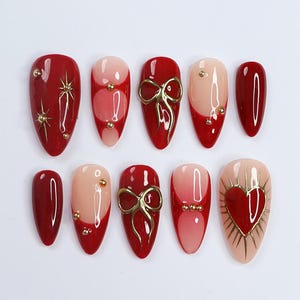 Elegant Dark Red Press-On Nails, Adorned with Bows, Hearts & Gold Gems - Perfect for Holiday Glam or a Thoughtful Gift for Her