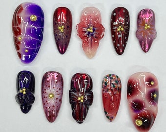 Midnight Blossom Long Almond Flowers Press On Nails, Fairy Tale Inspired Fake Nails, Birthday Holiday Nails Art, Gifts for Her