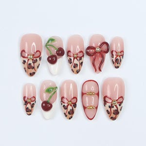 Press On Nails Wild Cherry Leopard | 3D Bow & Cherry Accents in Medium Almond | Handmade Bold Nail Art for Holiday, Party, Birthday