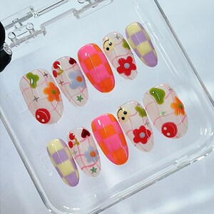 LNA0013 - Colorful Checkered and Flower, Funface On Almond Press On Nail, Custom Handpainted Fake/False Nail, Floral Nails, Spring Nails