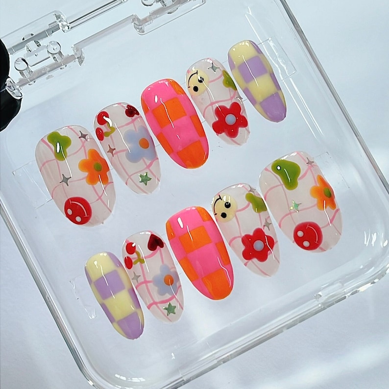 LNA0013 - Colorful Checkered and Flower, Funface On Almond Press On Nail, Custom Handpainted Fake/False Nail, Floral Nails, Spring Nails