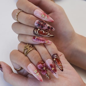 Autumn Press On Nails with 3D Floral Burgundy & Gold Line | Fake Nails in Long Almond | Handmade Nail Art for Fall Looks, Parties Or Gifts